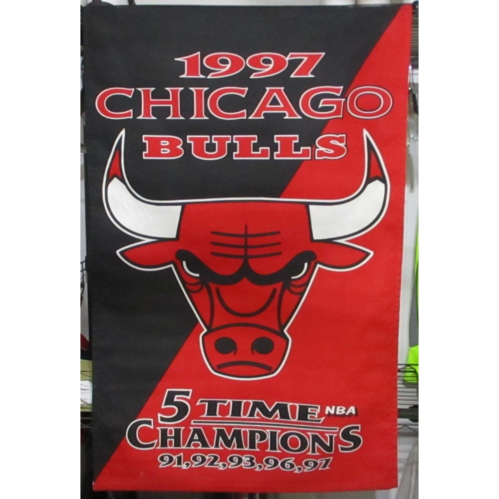 Vintage Chicago Bulls Banner Red Black NBA Basketball 5 Time Champions 1997 90s
